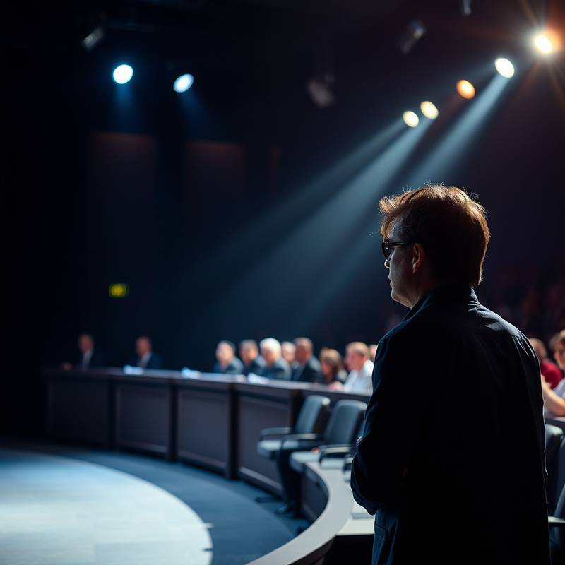 Auditie setting: een acteur staat op een podium voor een jury tijdens een auditie.